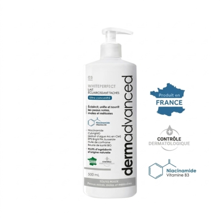 Un flacon pompe blanc de 500 ml de la lotion Whiteperfect de Dermadvanced avec un texte en français sur l'étiquette. L'image comporte également des icônes bleues indiquant que le produit est fabriqué en France, qu'il a été testé sous contrôle dermatologique et qu'il contient de la niacinamide (vitamine B3). Dakar