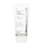 Un tube blanc étiqueté "dermadvanced WHITE-PERFECT MASQUE LUMINEUX UNIFORMISANT" avec des détails en français, indiquant qu'il s'agit d'un masque facial de 100 ml convenant à tous les types de peau et exempt de parabènes et d'autres additifs. Dakar