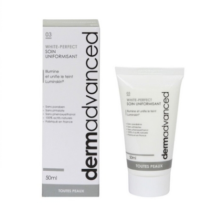 Un tube et une boîte de Dermadvanced White-Perfect Soin Uniformisant, 50ml. L'emballage est blanc et le texte en français, noir et gris, met en évidence des caractéristiques telles que "sans parabènes" et "toutes peaux". Dakar