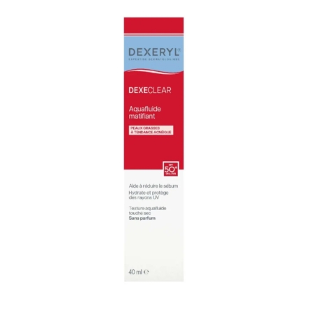 Une boîte blanche et rouge de Dexeryl Dexeclear Aquafluide matifiant SPF 50, 40 ml, pour les peaux grasses et acnéiques. L'emballage mentionne des avantages tels que la réduction du sébum, l'hydratation et la protection contre les UV. Dakar