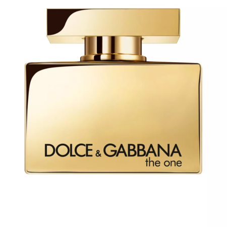 Un flacon de parfum rectangulaire doré avec un bouchon doré assorti. Le flacon porte le texte noir "DOLCE & GABBANA the one" sur sa face avant. Dakar