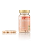 Un flacon transparent étiqueté "Evashair Complément Alimentaire Hair Booster Plus 60 Gélules" contient des gélules beiges, certaines à côté. L'étiquette végétalienne met en avant la biotine, le zinc et le sélénium parmi ses nutriments. Dakar