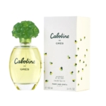 Un flacon de 100 ml d'eau de parfum GRÈS CABOTINE en vaporisateur, doté d'un bouchon aux notes florales vertes, est présenté à côté de son coffret de couleur crème orné de petites fleurs vertes et jaunes. Dakar