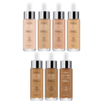 Sept flacons de L'Oréal Sérum Teinté Repulpant True Match Nude pour Unifier le Teint 30ml sont disposés en deux rangées, présentant différentes nuances de clair à foncé. Chaque flacon est muni d'un bouchon compte-gouttes avec le numéro et le nom de la teinte visibles. Dakar
