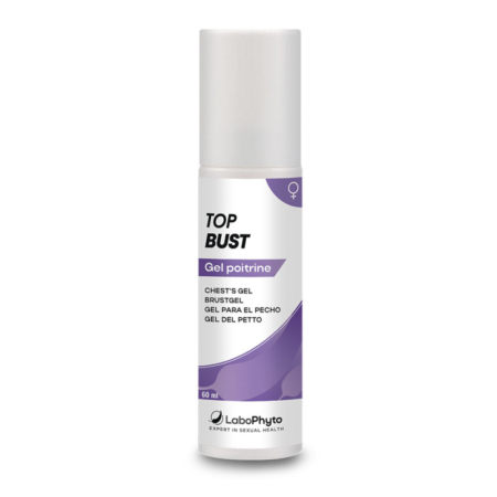 Un flacon de Top Bust Gel Poitrine de LaboPhyto, avec un motif blanc et violet, étiqueté comme gel pour la poitrine en plusieurs langues, d'une contenance de 60 ml. Dakar