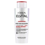 Un flacon blanc de L'Oréal Paris Elvital Bond Repair Shampoo avec une étiquette rouge et noire, comportant un texte en allemand soulignant qu'il est sans sulfate et qu'il contient un complexe réparateur de 6 % avec des acides aminés. Dakar