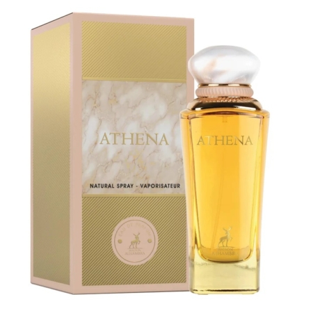 Une boîte de 100 ml d'Eau de Parfum Femme Maison Alhambra, de couleur or et beige, se trouve à côté d'un flacon assorti de couleur or avec un bouchon rond et nacré. Tous deux portent l'étiquette "Athena" et un petit logo en forme de cerf. Dakar