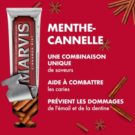 Un tube de dentifrice Marvis Dentifrice à la Menthe Cannelle est représenté avec des bâtons de cannelle sur un fond rouge, avec un texte en français sur son goût unique de cannelle et de menthe et sur la protection de l'émail et de la dentine. Dakar