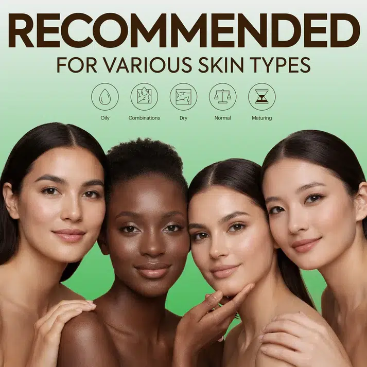 Quatre femmes aux teintes de peau différentes posent ensemble devant un fond vert dégradé. Le texte au-dessus indique "Recommandé pour différents types de peau" avec des icônes pour les types de peau grasse, mixte, sèche, normale et mature. Dakar