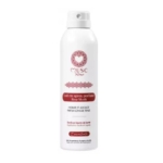 Un vaporisateur blanc de Musc Intime "Lait en spray parfumé" (Rose Musc), avec un logo en forme de cœur et des accents décoratifs roses, avec un texte en français décrivant le produit comme hydratant et légèrement parfumé. Dakar
