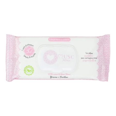 Un paquet de 20 lingettes intimes étiquetées "Musc Intime", dans un emballage blanc et rose avec des motifs décoratifs. La face avant présente un logo circulaire en forme de cœur et un texte indiquant que les lingettes sont 100 % coton et qu'elles sont destinées à un usage intime. Dakar