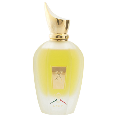 Un flacon de parfum Xerjoff Naxos avec un corps en verre dépoli, un bouchon doré et une étiquette dorée. Le flacon contient un liquide jaune et présente le logo X et la marque Naxos près de la base. Dakar