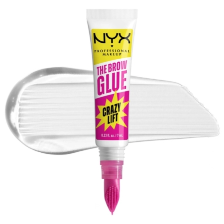 Un tube de NYX Professional Makeup The Brow Glue Crazy Lift avec un applicateur rose est présenté sur un fond blanc, mettant en valeur sa texture de gel transparent conçue pour des sourcils audacieux et relevés. Dakar
