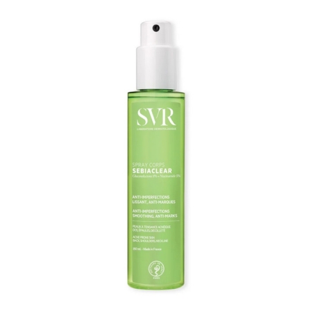 Flacon vert de 150 ml de Svr Sebiaclear Spray Corps Anti Imperfections Lissant avec pompe distributrice blanche, conçu comme un soin corporel anti-imperfections, lissant et anti-taches. Dakar