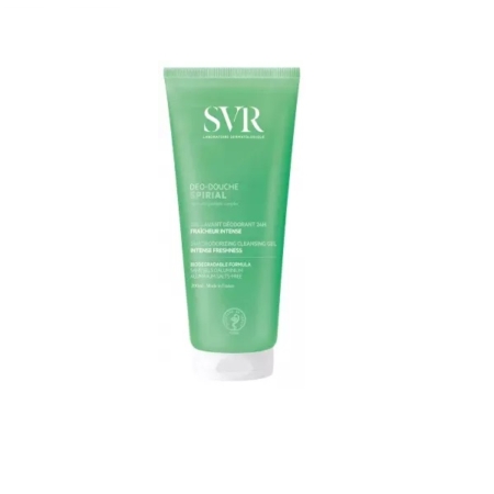 Tube vert de SVR Spirial Deo-Douche, un déodorant gel nettoyant à la fraîcheur intense, représenté debout sur un fond blanc. Dakar