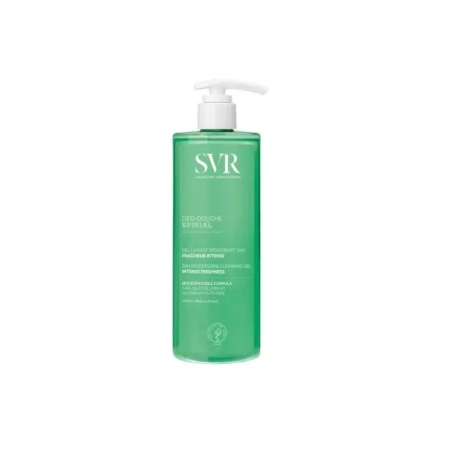 Un flacon vert de SVR Spirial Deo Douche Gel Lavant Deodorant 24H 400 ml avec un distributeur à pompe blanc, avec une marque et un texte blancs sur le devant. Dakar