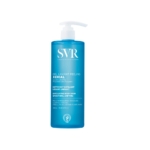 Un flacon pompe bleu de SVR Xerial Exfoliating Body Wash, étiqueté en français, avec un texte blanc et un distributeur à pompe blanc. Le flacon contient 400 ml et est conçu pour lisser et unifier les peaux rugueuses. Dakar