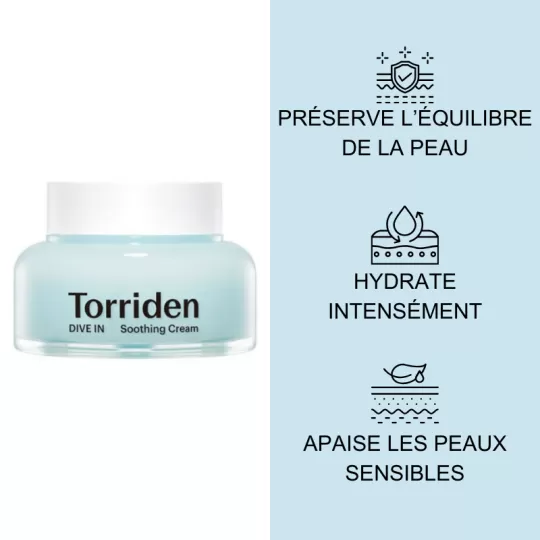Un pot de Torriden Dive In Crème Apaisante à l'Acide Hyaluronique 100ml sur un fond bleu clair avec un texte en français et des icônes soulignant sa capacité à préserver l'équilibre de la peau, à fournir une hydratation intense et à apaiser les peaux sensibles. Dakar