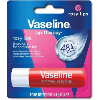 Emballage de Vaseline Lip Therapy dans la variété Rosy Lips, montrant un tube de baume à lèvres rouge sur un fond bleu et rose, avec des allégations telles que "hydratation pendant 48 heures" et "soin teinté pour des lèvres magnifiques". Dakar