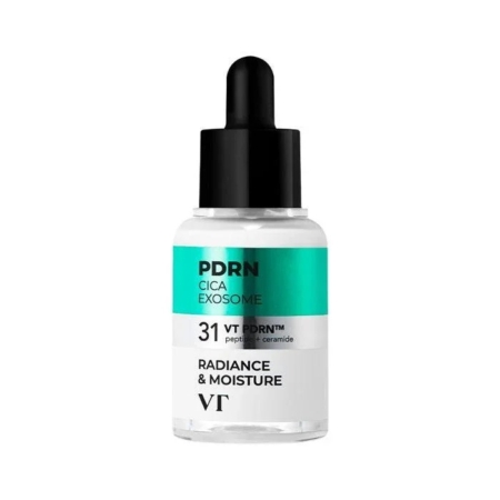 Un petit flacon compte-gouttes étiqueté "VT PDRN R5 Ampoule Raffermissante Peaux Ternes et Déshydratées 30ml" présente un motif turquoise et blanc avec un bouchon compte-gouttes noir. Dakar