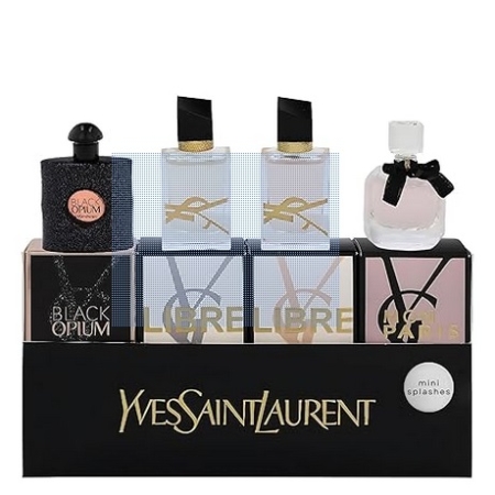 Une présentation du Coffret Voyage 4 Miniatures de Parfums pour Femmes Yves Saint Laurent, comprenant Black Opium, Libre, et Mon Paris, sur un élégant support noir avec le logo iconique YSL en or. Dakar