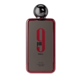 Flacon de parfum rectangulaire avec une surface réfléchissante foncée, des bords rouges et un bouchon rond noir. L'étiquette indique "9 PM REBEL" en gros caractères rouges et noirs, avec "AFNAN" imprimé en bas. Dakar