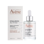 Avène Hyaluron Activ B3 Sérum Repulsifiant Concentré, flacon de 30ml avec compte-gouttes à côté de sa boîte d'emballage blanche, tous deux avec les détails de la marque et du produit en français et en anglais. Dakar