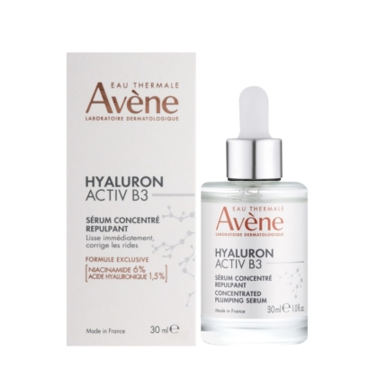 Avène Hyaluron Activ B3 Sérum Repulsifiant Concentré, flacon de 30ml avec compte-gouttes à côté de sa boîte d'emballage blanche, tous deux avec les détails de la marque et du produit en français et en anglais. Dakar