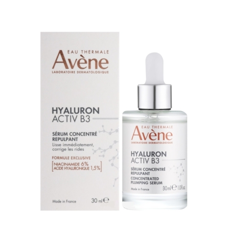 Avène Hyaluron Activ B3 Sérum Repulsifiant Concentré, flacon de 30ml avec compte-gouttes à côté de sa boîte d'emballage blanche, tous deux avec les détails de la marque et du produit en français et en anglais. Dakar