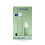Un coffret vert de soins Caudalie comprenant Vinopure Purifying Toner (200ml) et Vinopure Serum (30ml) avec des textes en français et en anglais, et une illustration de raisin noir sur le devant. Dakar