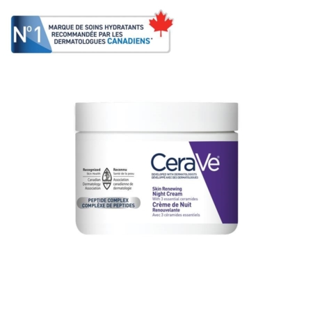 Un pot blanc de 48 g de CeraVe Skin Renewing Crème Peptides avec un étiquetage violet et bleu, comportant des textes en français et en anglais ainsi qu'un drapeau canadien, indique qu'il s'agit du premier hydratant recommandé par les dermatologues au Canada. Dakar
