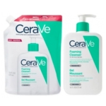 CeraVe Foaming Cleanser pour les peaux normales à grasses, présenté dans un sachet de recharge de 473 ml et un flacon-pompe de 473 ml, tous deux dans un emballage sarcelle et blanc. Dakar