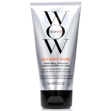 Un tube argenté de Color Wow Shampooing Protection Cheveux Colorés Color Security, 75ml, affiche la marque "WOW" en gras avec les détails du produit en noir et orange sur le devant. Dakar