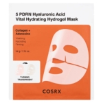 Un sachet blanc et orange étiqueté "Cosrx Masque hydrogel hydratant vital à l'acide hyaluronique 5 PDRN 34g" présente l'illustration d'un masque en feuille et met en avant les bienfaits du collagène, de l'adénosine et de l'hydratation. Dakar