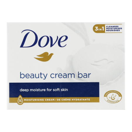 Un emballage de savon crème de beauté Dove avec un texte bleu et or, comportant le logo Dove, une icône de colombe dorée et des étiquettes indiquant "hydratation en profondeur pour une peau douce" et "3 en 1 : nettoie, hydrate, nourrit". Dakar