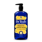 Une bouteille bleue de 710 ml de Dr Teal's Gel Douche à la Mélisse Prébiotique et aux Huiles Essentielles avec de la sauge et du thym, un bouchon de pompe noir, et des tranches de citron sur l'étiquette. Contient 24 fl oz. Dakar