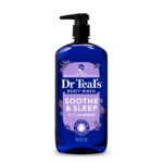 Une bouteille de 24 fl oz de Dr Teal's Body Wash Soothe & Sleep with Lavender, avec un distributeur à pompe et une étiquette bleue avec des fleurs de lavande et un texte blanc. Dakar