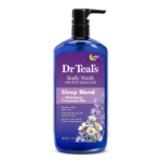 Dr Teal's Gel Douche au Sel d'Epsom Pur Formule Sommeil à la Mélatonine 710 ml se présente sous la forme d'un flacon violet avec des accents floraux, un bouchon pompe noir, et est étiqueté "Sleep Blend with Melatonin & Essential Oils" (mélange de sommeil avec mélatonine et huiles essentielles). Dakar