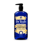 Une bouteille bleue de 24 fl oz de Dr Teal's Body Wash dans le parfum Vanilla Comfort avec de l'extrait de vanille, avec une pompe noire et des images de fleurs et de gousses de vanille sur l'étiquette. Dakar