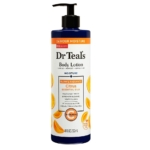 Un flacon de lotion pour le corps Dr Teal's, étiqueté "Glow & Radiance Citrus Essential Oils" (huiles essentielles d'agrumes), avec des images de tranches d'orange. Le flacon est muni d'une pompe et met en avant l'hydratation 24 heures sur 24 et des ingrédients tels que le beurre de cacao, le beurre de karité et la vitamine C. Dakar