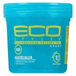 Un contenant bleu de gel coiffant professionnel Eco Styler Sport, étiqueté comme étant sans alcool, pour tous les types de cheveux, avec une tenue maximale de 10, 473 ml (16 fl oz), offrant une tenue durable, de la brillance, une protection UV, et des caractéristiques anti-démangeaisons. Dakar
