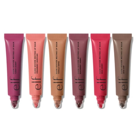 Cinq tubes Elf Baume à Lèvres Hydratant Glow Reviver Melting Lip de 15ml dans des teintes assorties sont alignés sur une surface blanche, chacun doté d'un bouchon transparent qui révèle le rouge à lèvres à l'intérieur. Dakar