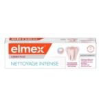 Une boîte de dentifrice Elmex Caries Plus avec l'inscription "Nettoyage Intense" sur la face avant. L'emballage est essentiellement blanc avec des accents rouges et bleus et comporte un diagramme d'une dent. Dakar
