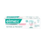Boîte de dentifrice Elmex Sensitive Professional, étiquetée "Répare & Prévient" avec des illustrations d'une dent et d'une brosse à dents. L'emballage est principalement blanc, vert et rose et comporte un texte en français. Dakar