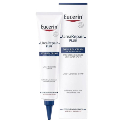Un tube de Eucerin Crème à l'Urée UreaRepair Plus 30 Traitement Local 75 ml est placé à côté de sa boîte, qui met en avant son soin intensif pour les zones extrêmement sèches avec de l'urée, du céramide et du NMF pour exfolier et adoucir la peau. Dakar