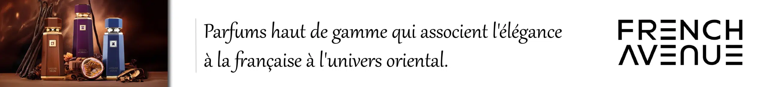 Flacons et boîtes de parfum avec des éléments décoratifs à gauche ; texte en français sur les parfums de luxe et logo "FRENCH AVENUE", s'inspirant d'Univers Cosmetix, à droite - le tout sur fond blanc et brun. Dakar