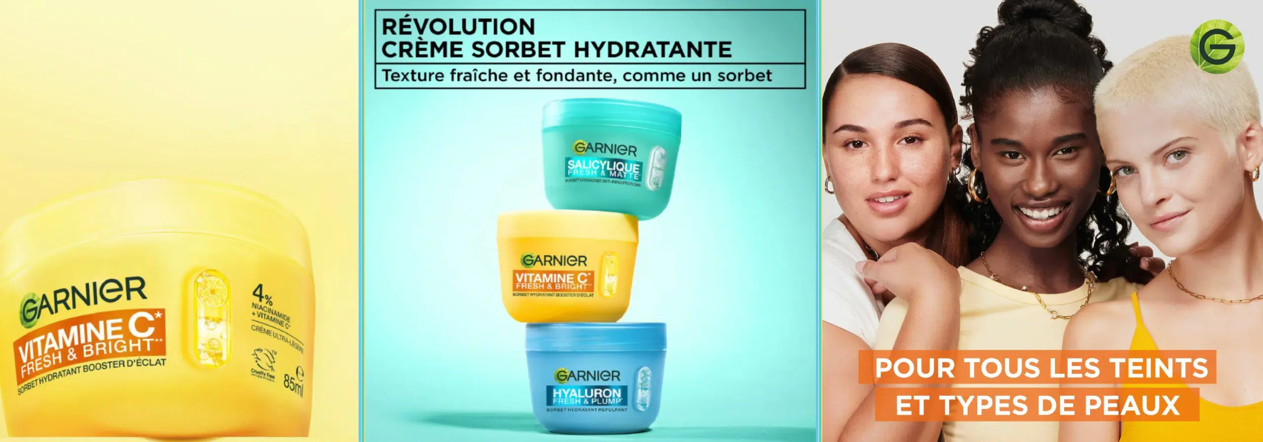 Trois pots de crème Garnier empilés sur fond bleu, gros plan sur le produit à gauche, et trois femmes diverses souriantes à droite. Le texte en français met en valeur la crème hydratante pour tous les types de peau d'Univers Cosmetix. Dakar