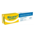 Une boîte de dentifrice blanchissant Bicare Gifrer au bicarbonate de sodium et au fluor. L'emballage est blanc et jaune, avec un texte en français et un volume de 75 ml. Dakar
