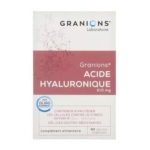 Boîte de Granions Acide Hyaluronique, complément alimentaire, 210 mg, 60 gélules. L'emballage est blanc et rose avec un texte en français et un graphique moléculaire dans la partie supérieure. Dakar