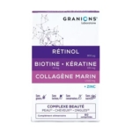 Une boîte de compléments alimentaires Granions contenant du rétinol, de la biotine, de la kératine, du collagène marin et du zinc. L'emballage met en avant les bienfaits pour la peau, les cheveux et les ongles, et précise qu'il ne contient ni gluten, ni lactose, ni conservateur. Dakar